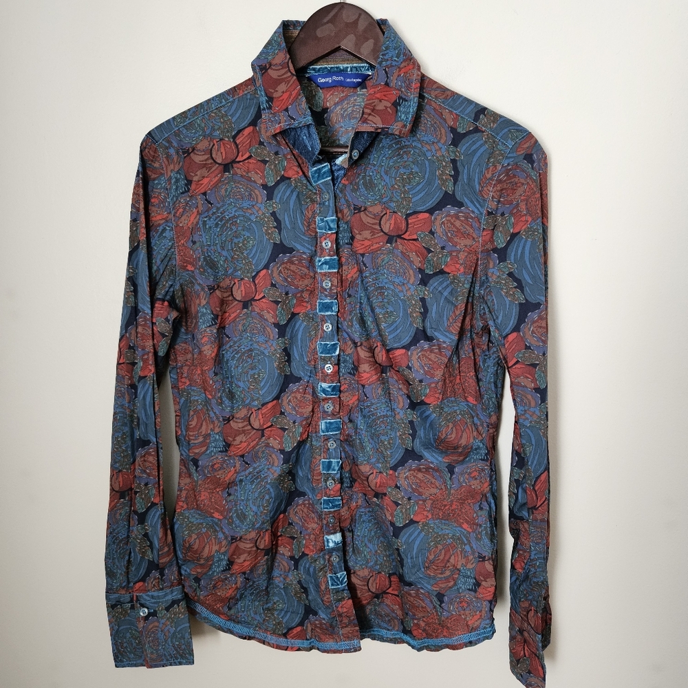 Georg Roth Womens Button Down Shirt Floral Patterned Blue Red Velvet Long Sleeve